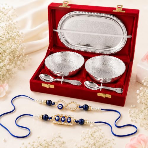 Image of Jaipur Ace Rakhi Gift Hamper for Bhaiya Bhabhi with Silver Plated Bowl Set, Pooja Thali, 2 Designer Rakhis, Roli Chawal, Raksha Bandhan Gift Set for Brother Bhabhi, Premium Rakhi Combo with Red Velvet Box