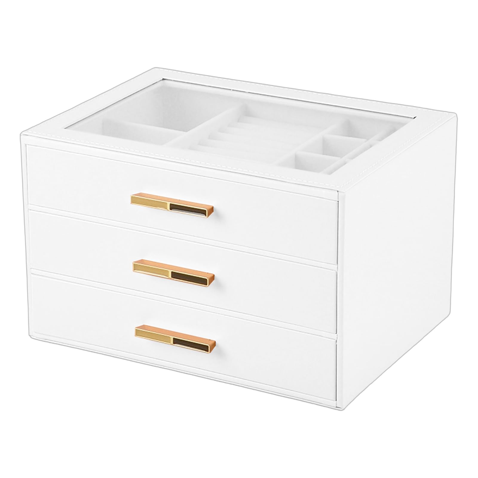 Piceioep Portable Jewelry with Glass Top View Three Layers Velvets Lined Interior Secure Drawer Storage Box