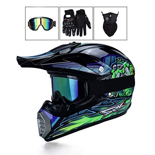 LEENY Cascos de Motocross, Cascos de Cross de Motos con Gafas/Máscara/Guantes, Adulto Motorcycle Sports Off-Road DH Enduro Casco ATV MTB Quad Cascos de Motocicleta Patrón de Monstruo, Negro Verde,XL