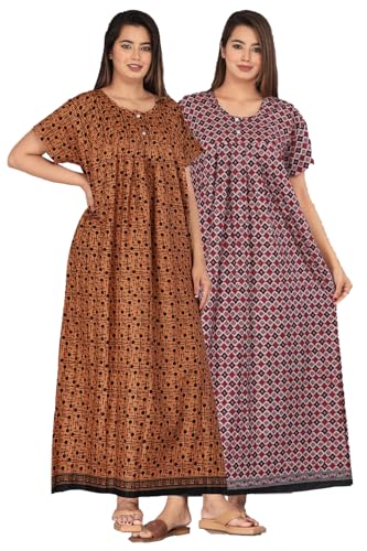 Image of Kuruti B Sheets Nighty for Women Cotton Combo (Pack of 2 Pcs) Nighty Gown Round Neck Short Sleeves Free Size