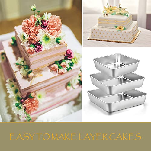 E-Far 6/8/9-Inch Square Cake Pan Set, Stainless Steel Square Baking Brownie Pans Metal Bakeware Set Of 3, Non-Toxic & Healthy, Easy Clean & Dishwasher Safe #TOP5