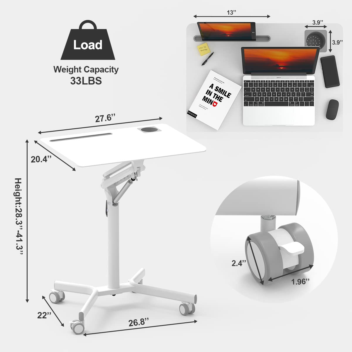 JOY worker Portable Laptop Desk, 28x20 Standing Rolling Desk for Laptop