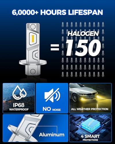Image of Marsauto H3 LED Bulb Yellow, 12,000LM Super Bright H3 Yellow LED Fog Light Bulbs, 6000K Cool White Fit for Fog Lights & DRL, Plug-Play Canbus Ready, Pack of 2