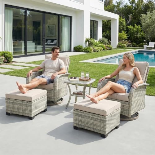 Image of 5-Piece Small Patio Furniture Set, Outdoor Swivel Rocking Chairs Set with Ottomans, Patio Bistro Set for Balcony, Deck, Porch, Khaki