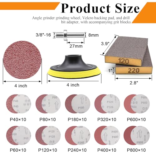 Image of 102PCS 40-800 Grits Angle Grinder Sanding Disc and Blocks 4 Inch Upgraded Hook and Loop Backing Pad (3 /8-16 Threads) and 8MM Drill Adapter with 120 /220 Sanding Blocks for Wood Metal Polishing