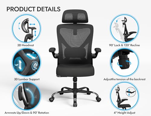Ergonomic Office Chair - Mesh Desk Chair with Adjustable Lumbar Support High Back Computer Gaming Chairs - Big and Tall Office Chairs Adults, Comfortable for Long Hours, Black