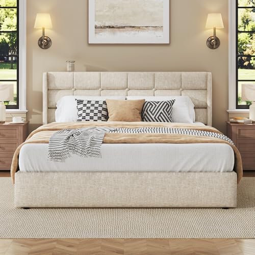 Image of HISOFT Queen Size Lift Up Storage Bed Frame, Linen Upholstered Platform Bed with Wingback Headboard, Heavy Duty Hydraulic Gas Lift Underbed Space, Reinforced Full Metal Slats, Noise Free, Beige