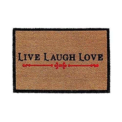 Image of Onlymat Live Laugh Love Printed Anti-Slip Doormat (Black and Brown) Rectangular Shaped Entryway Rug Natural Coir Material with PVC Backing for Outdoor Entrance Home Multipurpose Mats Floor Door Hall Drawing Room Living Room (90cm x 60cm)