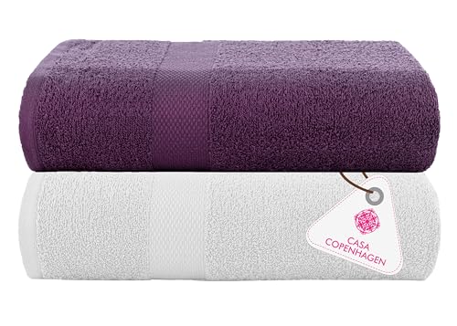Image of Casa Copenhagen, Super Soft Feather Lite Collection 2 Pieces 100% Cotton Large Bath Towel (Size : 75 x 150 cm) - White & Purple