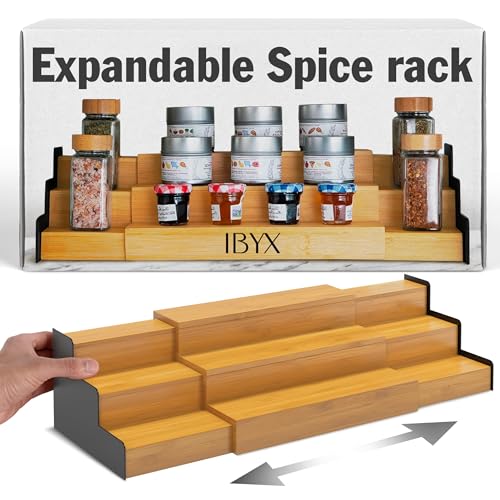 Ibyx Premium 3-Tier Spice Rack Organizer for Cabinet - Expandable Bamboo Spice Storage - Non-Skid Countertop Step Spice Shelf - Great for Kitchen Cabinet, Countertop, Cupboard, Pantry (Natural)