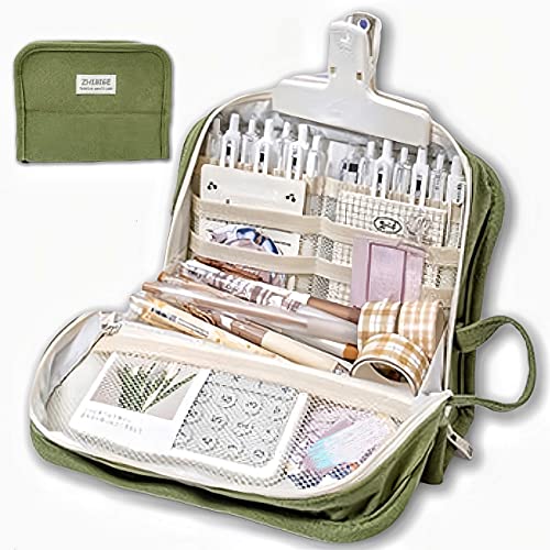 Image of Large Capacity Pencil Pen Case with 9 Compartments Multi-Slot Durable Pencil Bag Pouch Box Organizer Cases Easy Grip Handle Aesthetic School Supply for Teen Girls Students Adults (Green)