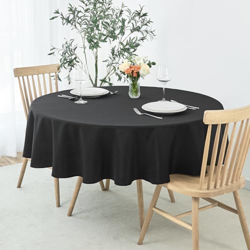 Image of maxmill Round Weaved Texture Design Tablecloth Spill-Proof Wrinkle Free Soft Washable Table Cloth for Circular Table Cover, for Dining Room Buffet Banquet Parties Holiday Dinner, 90 Inch Black