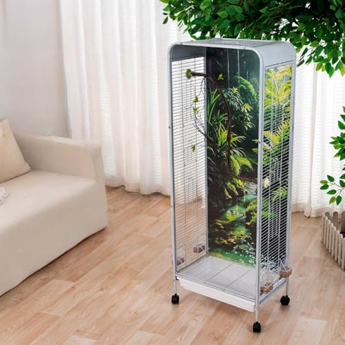 AOUGN鳥かご 、鳥ケージ 大型 、森の背景ボード、掃除しやすい引き出し付き、移動に便利なユニバーサルホイール付き、簡単なインストール、屋内と屋外での使用に最適、オカメインコ、セキセイインコ、セキセイインコ、小型および中型鳥の給餌用(フードボックス+人工