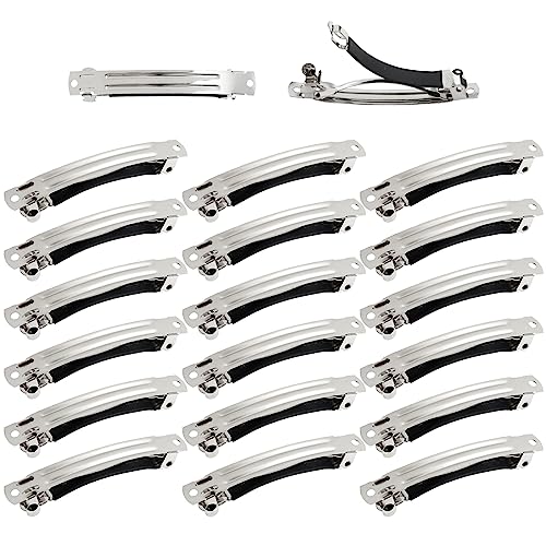 Cinaci 20 Pack 6cm/2.4" Simple Plain Blank DIY Caft Silver Metal French Hair Barrettes with Black Leather Cover Snap Hair Clips Clasps for Women Girls Teens Hair Accessories
