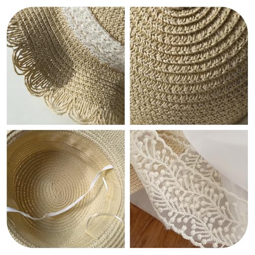Girls Straw Sun Hat with Wide Brim and Lacinging Bow for Summer Beach Outdoor Play3