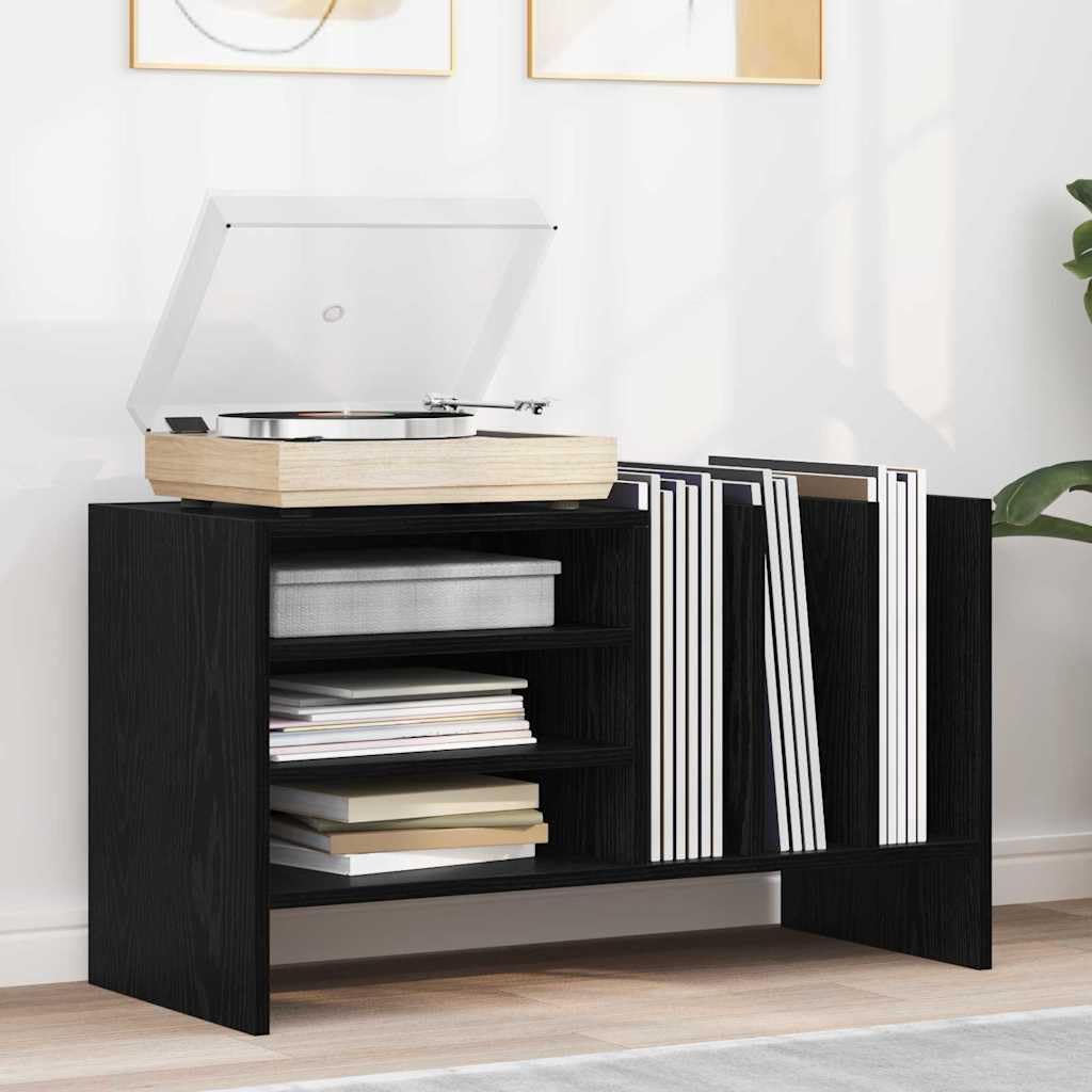 Armario para discos de vinilo, aspecto de roble negro, 78,5 x 35 x 45 cm, con 6 estantes, mueble multimedia versátil para vinilo, CD, DVD, sala de estar y cine en casa