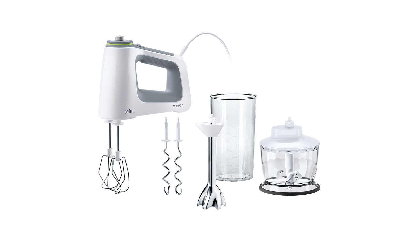 Braun MultiMix 5 HM 5137 Handmixer – Handrührgerät mit stufenloser Geschwindigkeitsregelung, inkl. Schneebesen, Knethaken, Pürierstab, Zerkleinerer und 600 ml Mix- und Messbecher, 750 Watt, weiß