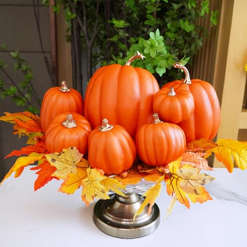 Image of Winlyn 7 Pcs Assorted Harvest Orange Artificial Pumpkins Decorative Pumpkins Foam Pumpkins with Gold Stems for Fall Harvest Autumn Home Wedding Thanksgiving Halloween Party Table Centerpiece Decor