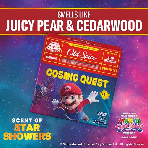Image of Old Spice Bar Soap for Men, x The Super Mario Galaxy Movie, Cold Pressed with Grit, Made Up Of Natural Oils & Plant Based Cleanser, Star Showers with Juicy Pear & Cedarwood Scent,5 Ounce (Pack of 12)
