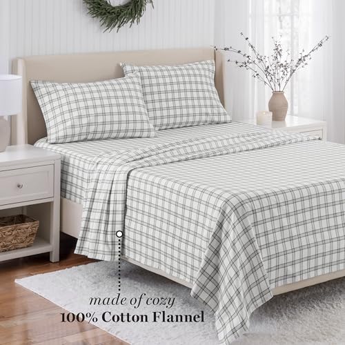 Image of Martha Stewart - Flannel Sheets Queen Size, Anti-Pilling & Wrinkle Resistant Cotton, Touchably Soft for All-Season Comfort - Bed Sheets with Matching Pillowcases & Fitted Sheet (Holiday Windowpane)