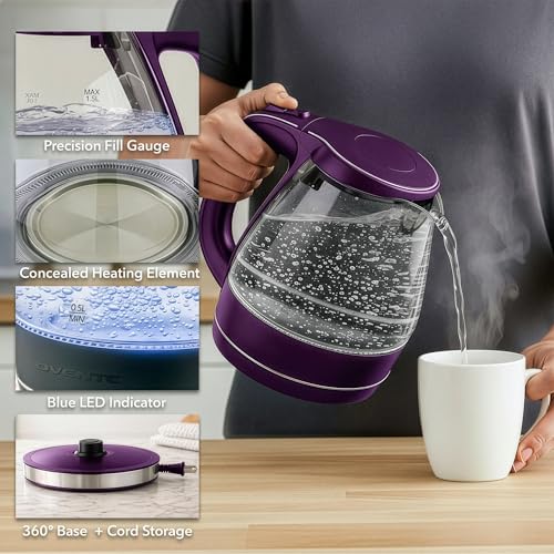 Image of OVENTE Electric Kettle, 1.5L Borosilicate Glass Countertop Water Heater and Boiler for Coffee or Tea, BPA-Free, Auto Shut-Off, Boil-Dry Protection, Removable and Washable Spout Filter, Purple KG83P