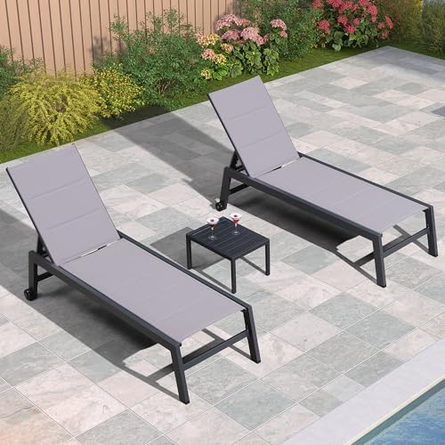 Image of PURPLE LEAF Outdoor Chaise Lounge Set of 2 Aluminum Patio Lounge Chair with Wheels and Side Table Pool Chaise Lounge Chair for Poolside Outdoor Backyard Light Grey
