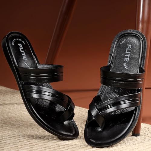 Image of FLITE PUG-176 Men's Slippers Black Tan | Lightweight EVA Sole Anti-Skid Flip Flops | Comfortable Casual Chappal for Men Indoor Outdoor