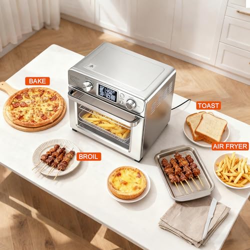 Image of OLIXIS Toaster Oven Countertop, 23QT Air Fryer Toaster Oven Combo, 4-in-1 Bake Toast Broil & Air Fry, Dual Convection, 60-Min Timer with Indicator, 180F-450F, Accessories Included, Stainless
