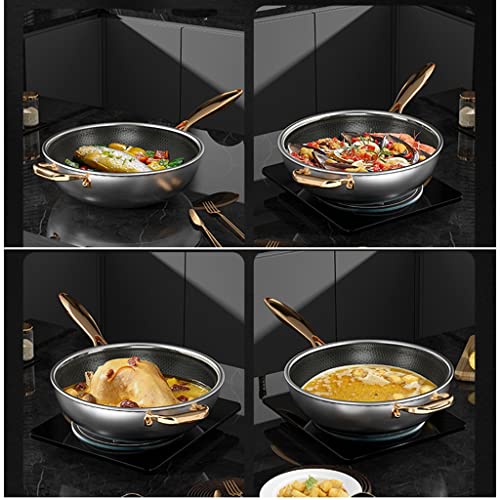 Padella wok antibatterica in acciaio inox, 34 cm, con coperchio, resistente ai graffi, struttura a nido d'ape per stufe elettriche e a induzione