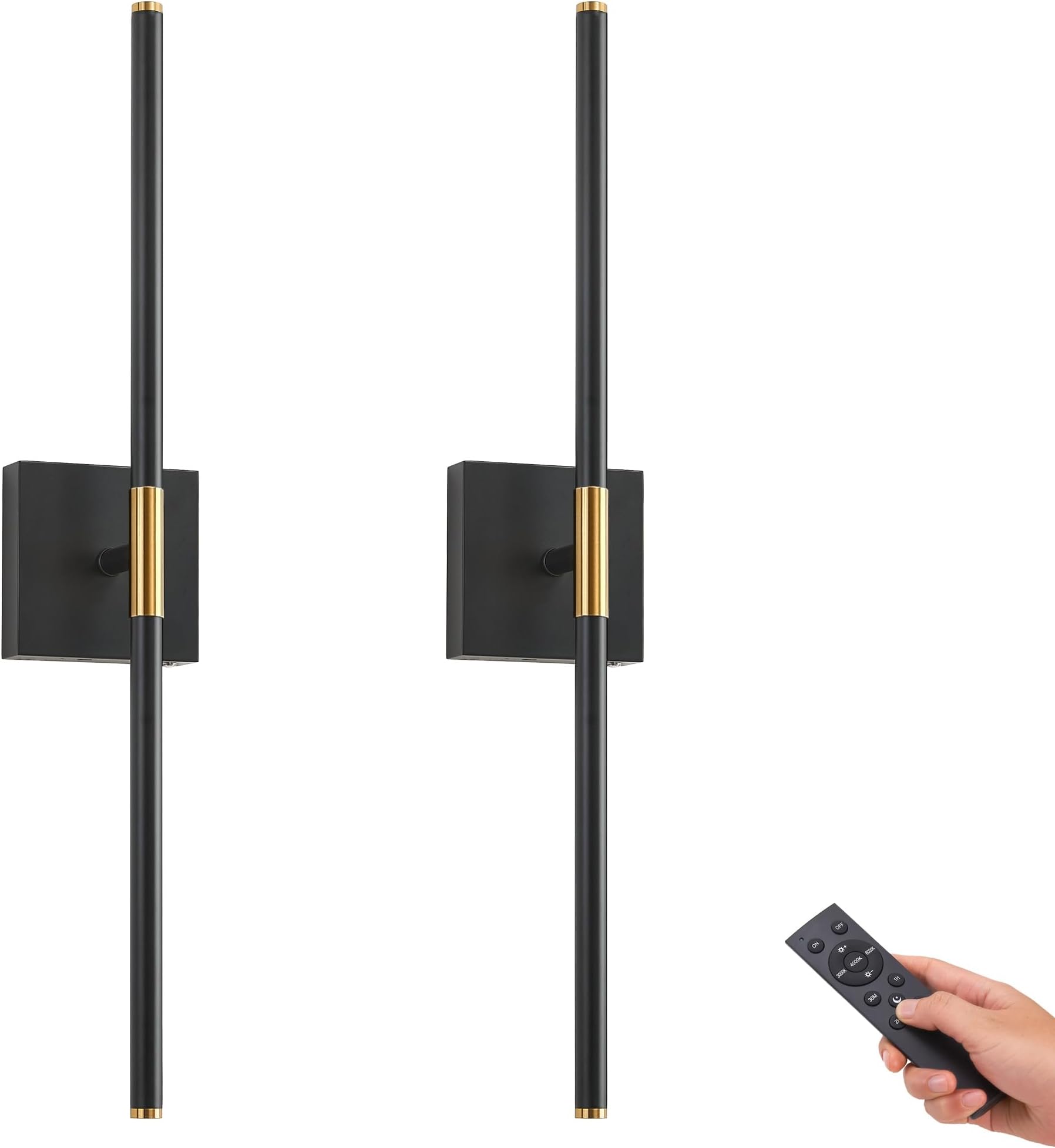Battery Operated LED Wall Sconces Set of 2, 25" Wireless Rechargeable Wall Lights with Remote Control, 3000K-6000K Stepless Dimming 360° Rotate Wall Decor Lamp for Living Room Hallway Bedroom