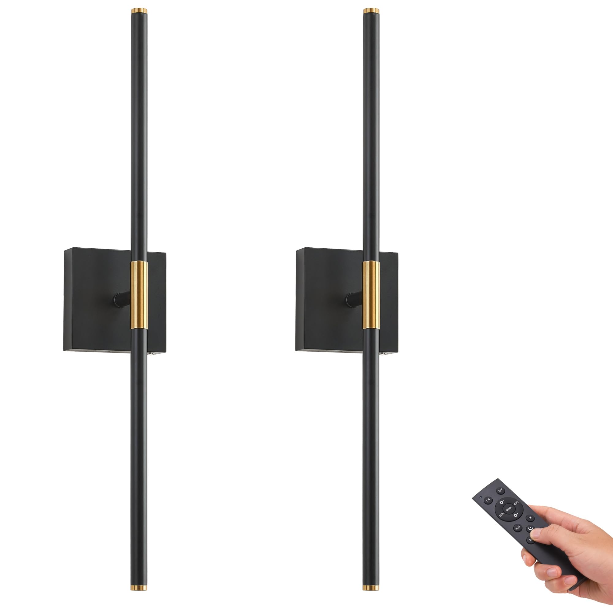 Battery Operated LED Wall Sconces Set of 2, 25" Wireless Rechargeable Wall Lights with Remote Control, 3000K-6000K Stepless Dimming 360° Rotate Wall Decor Lamp for Living Room Hallway Bedroom