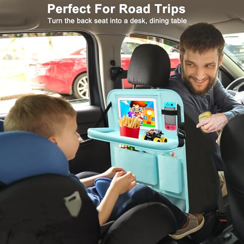Image of 2Pack Car Backseat Organizer with Foldable Table Tray,6 Storage Pockets Car Storage Organizer with Tablet Holder,Car Seat Back Protectors Kick Mats Travel Accessories Blue