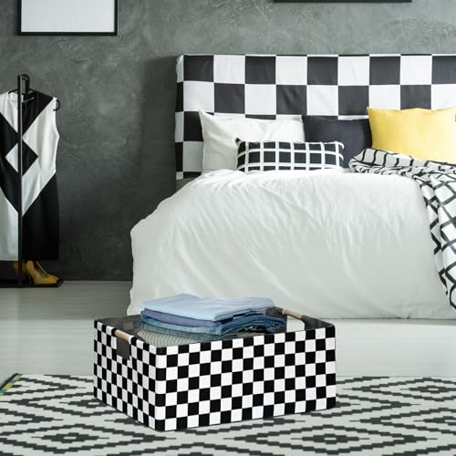 Image of Checkered Storage Basket Foldable Nursey Box | 16.9 inch Storage Cube for Women Closet Organizer Boys Car Toys Bins with Handles | Sturdy Cardboard & Washable Fabric 2Pack