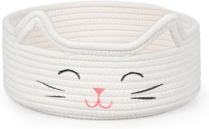 GOODIE® -Small Cat Storage Basket, Black Cute Basket for Toys, Dog Toy Basket, Woven Rope Basket for Organizing, Empty Gift Basket for Baby, Black, 9.8 x 4 inches (white pink nose, 9x4)-image-38