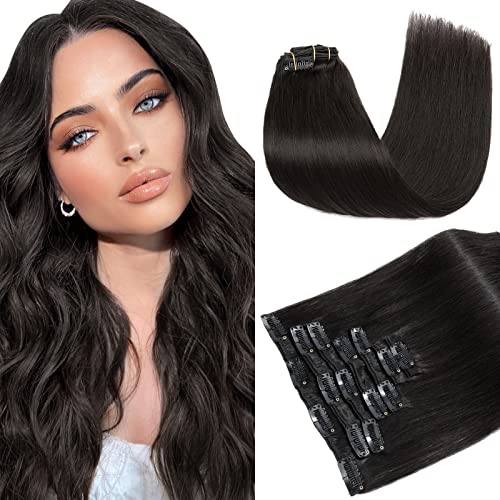 Image of Clip in Hair Extensions Real Human Hair S-noilite #1B Natural Black Double Weft hair extensions 16 Inch Clip in Real Human Hair for Women Balayage Straight 7PCS 125g