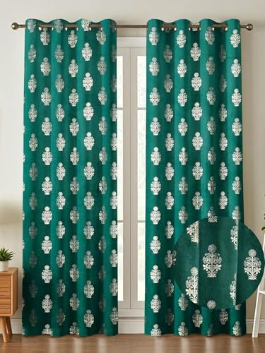 Image of Premium Velvet Window Curtains 5 Feet, Golden Foil Matka Design Room Darkening Curtains for Window, Thermal Insulated Parda - 4 feet x 5 feet (48 x 60 Inch) - 1 Pcs Aqua Colour
