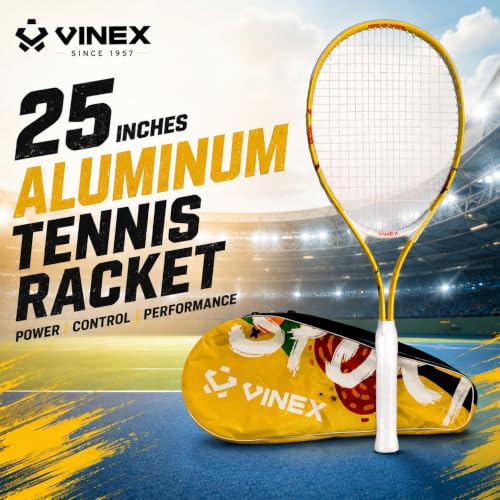 Image of VINEX VTEC T200 Tennis Racquet with Cover (Pack of 1) | 68 cm Aluminium Tennis Racket | Lightweight 260 g | Grip Size 6 | Two-Piece Strung Racquet with Carrying Bag | for Teens & Adults