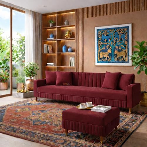 Image of SRMS Solid Wood 4 Seater L Shape Velvet Fabric Sofa Set with Four Cushions | Perfect for Home Office Guests Living Room | Sofa Set for living Room | 74 x 32 x 30 inches | Maroon