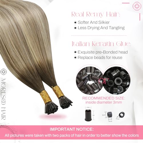 Image of Moresoo Itip Human Hair Extensions Brown Gold Blonde Balayage 14 Inch | 40g 50 strands, lightweight individual placement, i tip hair extensions for fine hair, daily wear and office styling