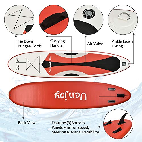 Uenjoy 11\' Inflatable Stand Up Paddle Board (6 Inches Thick) Non-Slip Deck Adjustable Paddle Backpack,Pump, Repairing kit, Red
