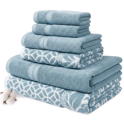 Image of Modern Threads 6 Piece Bath Towel Set - Bathroom Set with 2 Bath Towels, 2 Hand Towels, and 2 Wash Cloths - 100% Cotton, Super Absorbent & Extra Soft - Reversible Botanical Vine (Blue)
