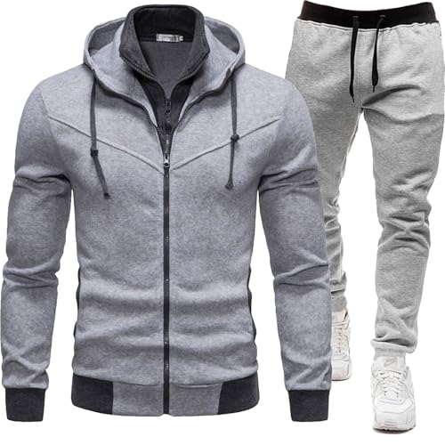 Conjunto de chándal con cremallera para hombre, casual, manga completa, forro polar en contraste, sudadera con capucha y cordón de cremallera completa, conjunto de dos piezas, sudaderas con capucha y