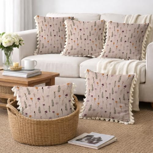 Image of STITCHNEST 'Little Meadow Series' Tassled Cushion Cover | Set of 2 | Floral Cushion Cover 24 inch x 24 inch