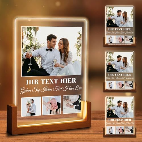 Plexido Personalisiertes Geschenk LED Lampe mit Vier Fotos Geschenk für Frauen Männer und Paare Lichtbild mit Text und Fotos Geschenkidee zum Hochzeitstag Jahrestag Geburtstag