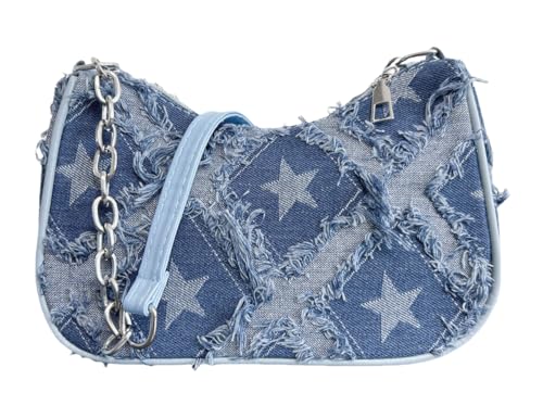 Denim Shoulder Bag for Women, Retro Checkered or Star Pattern Underarm Purse Vintage 90s Y2K Small Handbag Teen Girls