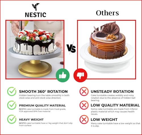 Image of Cake Decorating & Icing Turntable | 12-Inch 360 Rotating Cake Stand for Baking & Serving | Fiber Cake Turntable with Silver Top & Golden Base | Professional Cake Decorating Stand