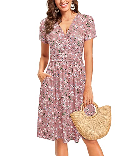 Image of Newshows Womens Summer Short Sleeve Casual Dresses V Neck Floral Vacation Sundress Faux Wrap Midi Dress with Pockets