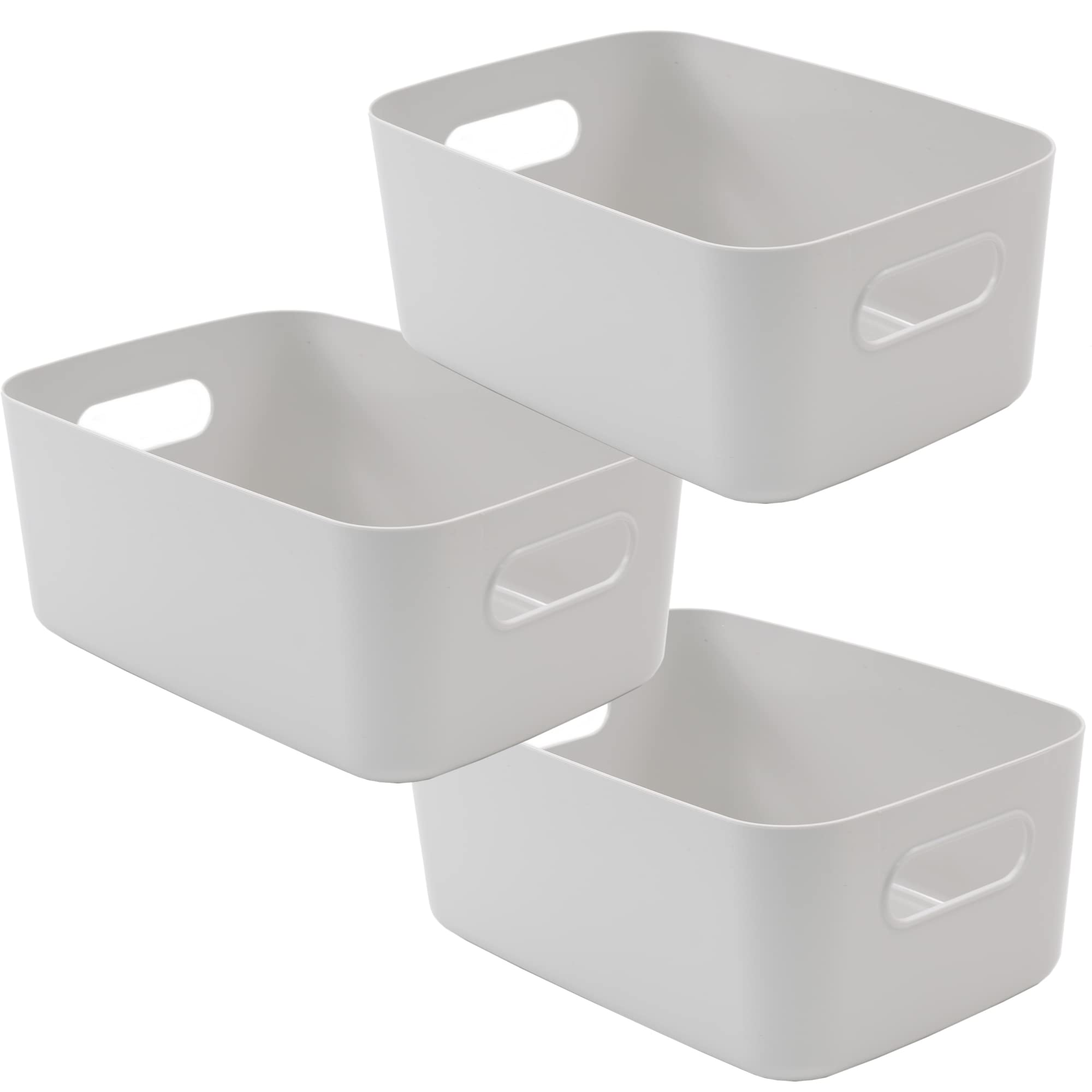 Sa Products Grey Set Of 3 Storage Box - Storage Boxes With Handle - Stackable & Minimalist Rectangular Plastic Storage Baskets - Stylish Cupboard Organiser For Kitchen, Home, Office And Bathroom