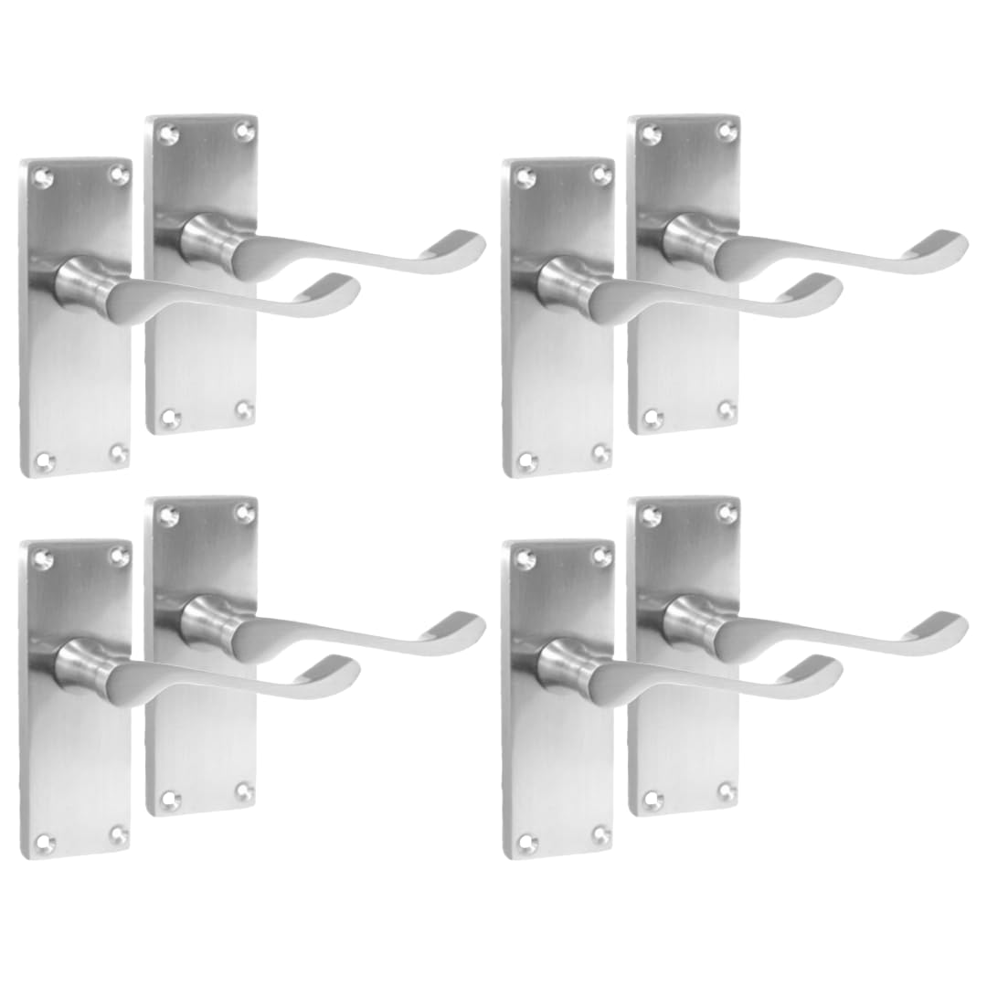 Epsom Door Handle Satin Chrome Scroll Door Handle Set - Victorian Style Internal and External Lever Door Handles with Backplate 118mm x 42mm Sets 4 (4 Pair of Latch Handles)