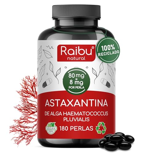 Astaxantina Natural Pura - 80 mg (equivalente a 8 mg de Astaxantina) del alga Haematococcus pluvialis - 180 Cápsulas Veganas: 6 Meses de Suministro - Potente Antioxidante, sin Estearato de Magnesio